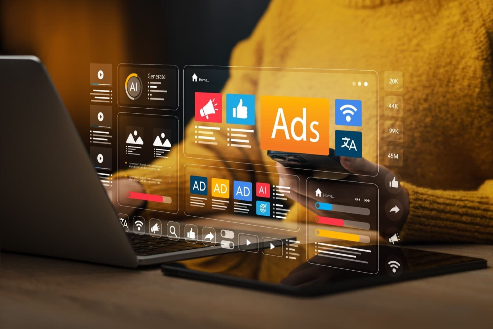 A marketer reviewing AI-generated product ad variations across social and display placements.