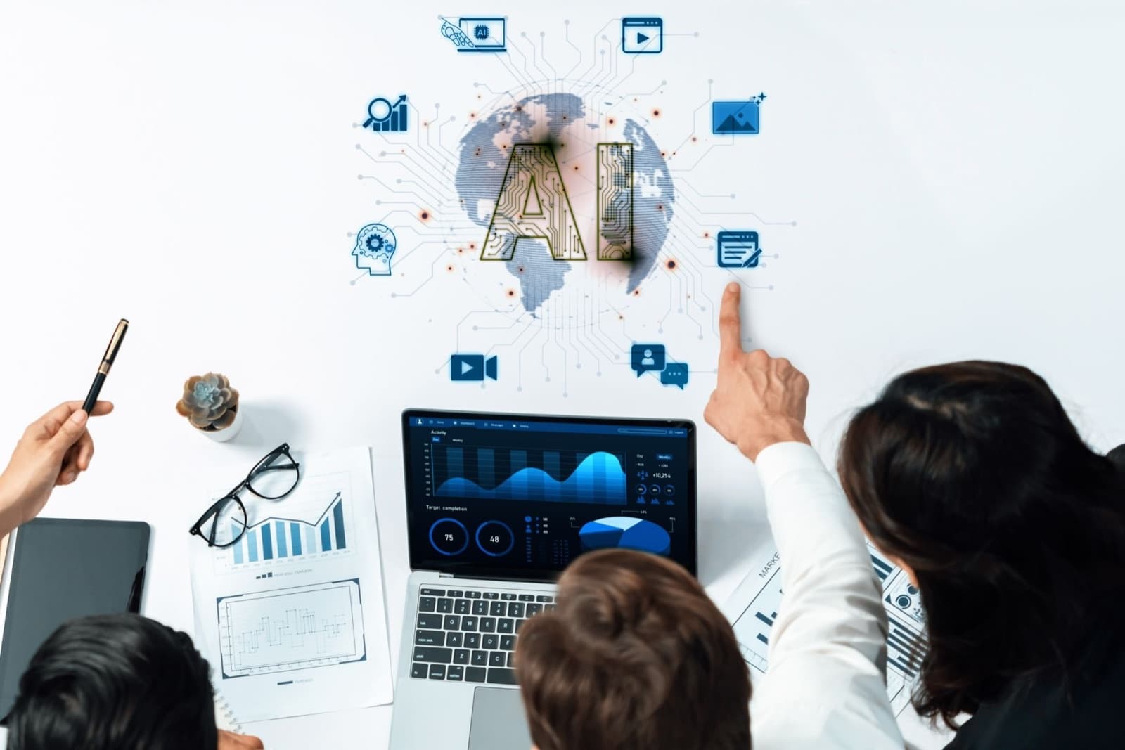 A marketing team comparing AI-generated ad variations on screen alongside traditional creative production work.