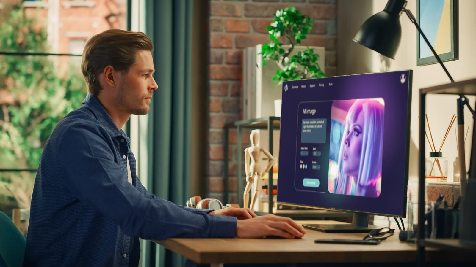 An e-commerce marketer reviewing multiple AI-generated product ad visuals in different backgrounds and formats.