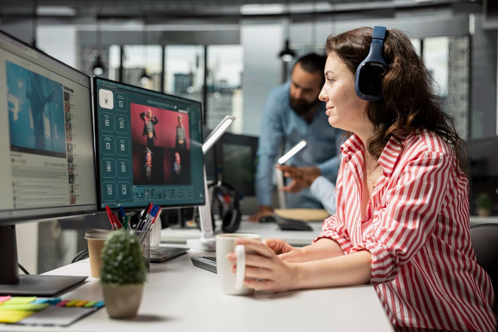 A marketing team reviewing AI-generated campaign creatives and performance dashboards.
