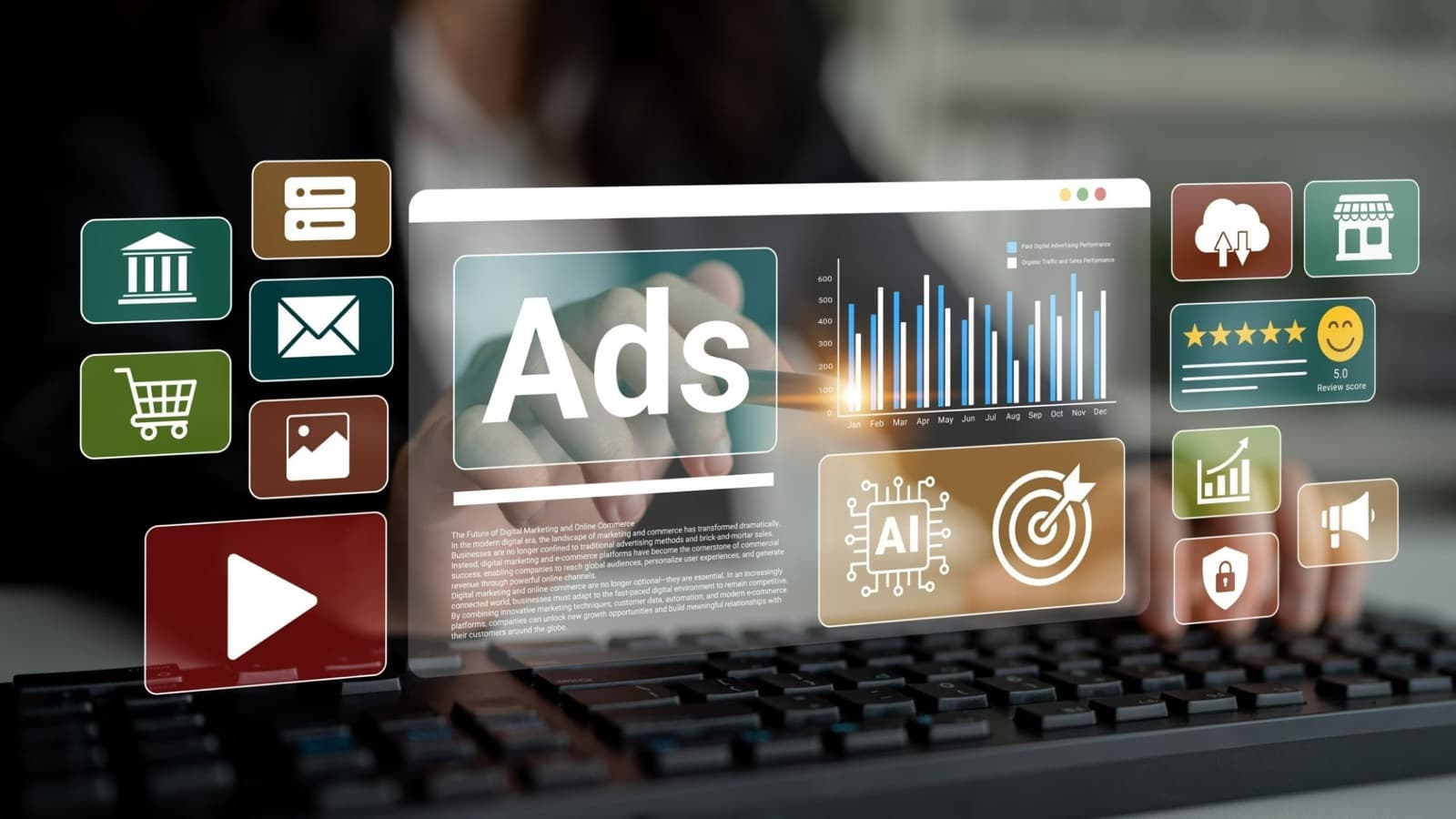 An 'Ads' marketing dashboard with charts, AI, and analytics icons floating above a laptop keyboard.