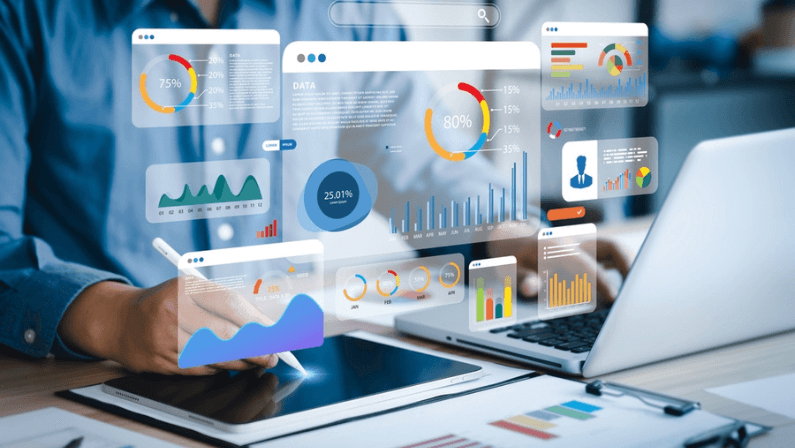 An analyst uses a computer and dashboard for data business analysis and Data Management System