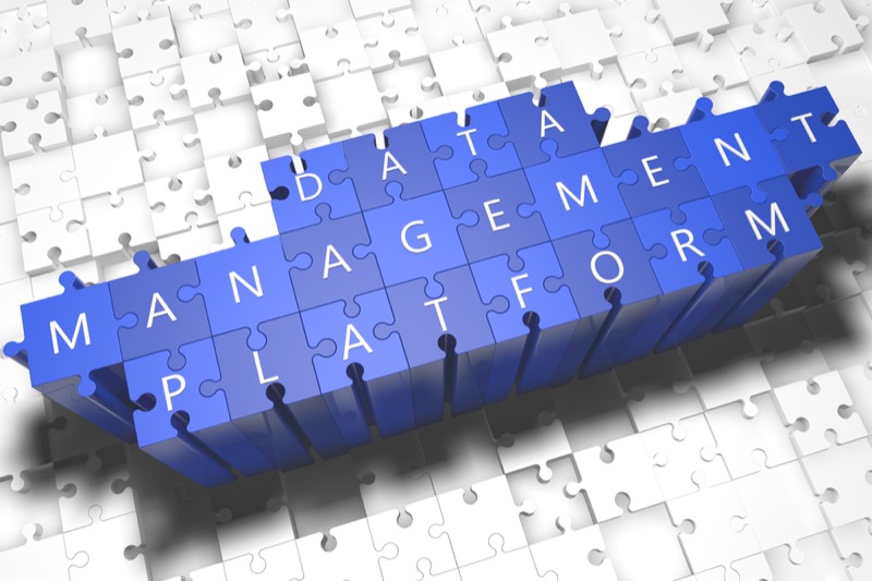 Data Management Platform - puzzle 3d render illustration with block letters on blue jigsaw pieces