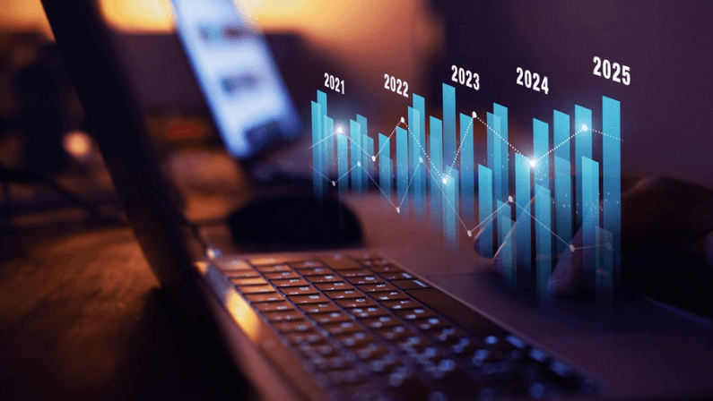 yearly financial report, chart with years data statistics, company progress and growth by year, 2025