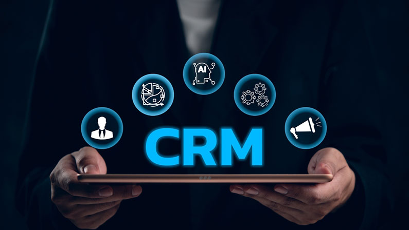 CRM concept with icons around a tablet, illustrating customer relationship management. Ideal for business strategy, marketing, sales, service automation. Digital integration solution.